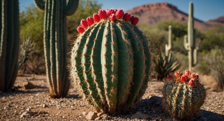 Poster - Large cactus adorned with vibrant red fruits against a desert backdrop featuring additional cacti and ample space for text or graphics.