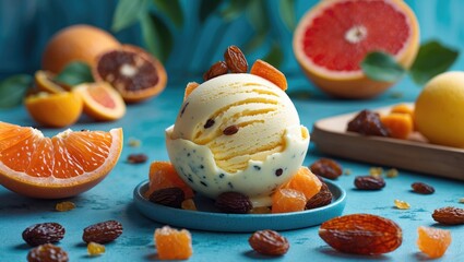 Wall Mural - Grapefruit and Orange Sorbet with Raisins on a Plate Surrounded by Fresh Fruits and Copy Space for Text