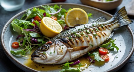 Aufkleber - Grilled Seabass Garnished With Lemon Served On A Plate With Fresh Salad Mix And Copy Space For Text