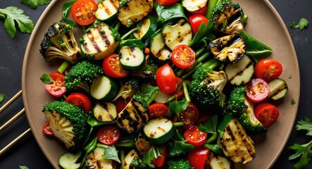Poster - Grilled Vegetable Salad with Spinach Cherry Tomatoes and Broccoli on Plate Isolated on Dark Background