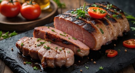 Poster - Grilled Pork Shaslik with Cherry Tomatoes and Fresh Herbs on Slate Board with Empty Space for Custom Text and Branding