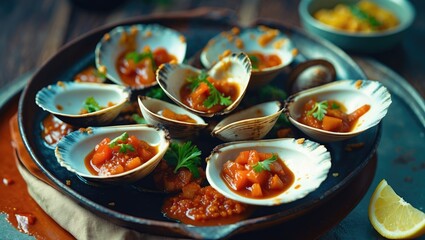 Poster - Grilled Razor Clams in Spicy Sauce on a Rustic Plate with Garnish and Empty Space for Text for Culinary Promotions or Menus