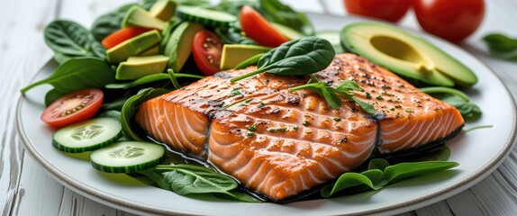 Aufkleber - Grilled Salmon Fillet Served with Fresh Spinach, Cucumber, Tomato and Avocado Salad on a White Wooden Table with Space for Text