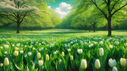 Aufkleber - Lush green spring field with blooming white tulips under a bright sky surrounded by vibrant trees and lush grass scenery