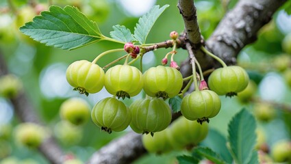 Poster - Gooseberry Fruit Bunches Hanging on Tree Branch Surrounded by Green Leaves in Natural Garden Environment