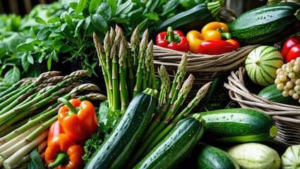Leinwandbilder - Freshly harvested green vegetables including asparagus, zucchini, peppers, and cucumbers arranged beautifully in rustic baskets.