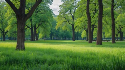 Poster - Lush Green Tree Canopy in Public Park with Expansive Meadow and Vibrant Grass Under Soft Natural Light for Text Overlay