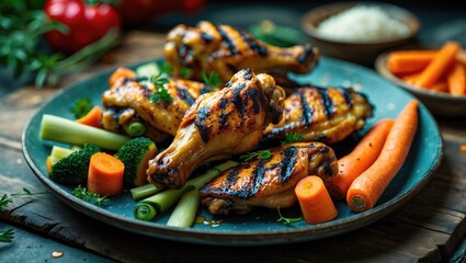 Poster - Grilled Chicken Wings Served with Colorful Vegetables and Fresh Carrots on Rustic Wooden Table