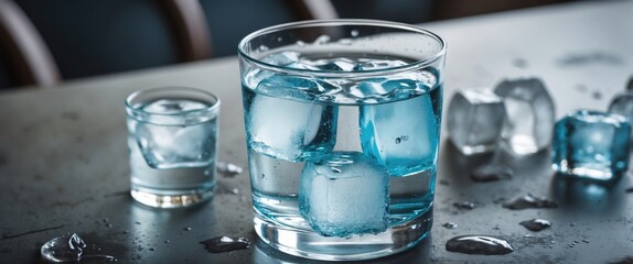Fototapete - Refreshing Glass of Cold Water with Ice Cubes on Table Surrounded by Droplets with Space for Text or Branding.