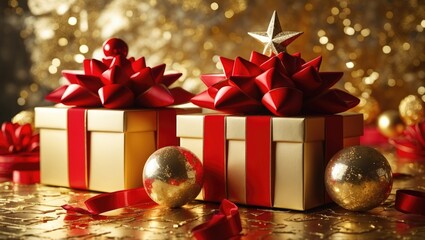 Aufkleber - Elegant gift boxes adorned with red bows surrounded by festive ornaments on a shimmering golden background for celebrations and special occasions.