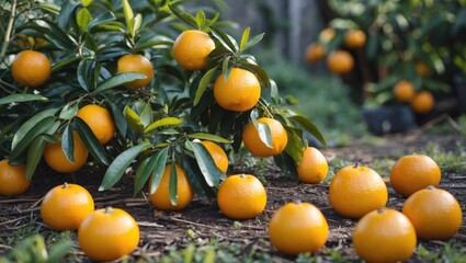 Poster - Ripe oranges on a tree and scattered in a sunlit garden with green foliage creating a tranquil outdoor setting for text overlay