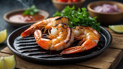 Poster - Grilled Prawns on a Hot Plate Surrounded by Fresh Ingredients and Space for Text in a Culinary Presentation
