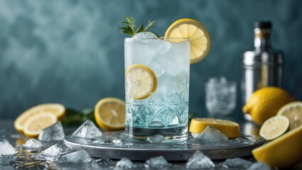 Aufkleber - Refreshing Gin Tonic Cocktail with Ice and Lemon Slices on a Stylish Gray Surface with Lemon Garnish and Copy Space for Text