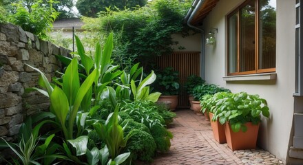 Poster - Lush green plants adorning the pathway beside a modern house creating a serene and inviting outdoor atmosphere.