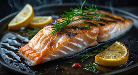 Aufkleber - Grilled Salmon Fillet with Lemon Slices and Fresh Herbs on a Dark Plate Garnished with Olive Oil and Aromatic Smoke