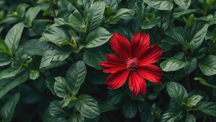 Poster - Red Flower Surrounded By Lush Green Foliage With Blank Space For Text Overlay In A Natural Setting
