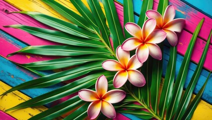 Poster - Vibrant Frangipani Flowers Nestled Among Green Palm Leaves on Colorful Wooden Background from a Top View Perspective