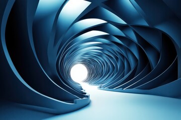 Poster - Curved blue tunnel leading towards a bright light in a modern architectural style