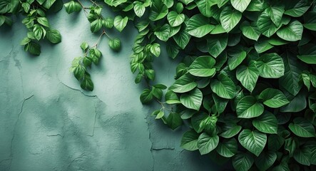 Aufkleber - Lush Green Leaves on Textured Wall Creating a Vibrant Nature Background for Organic and Natural Themes