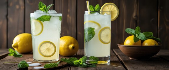 Aufkleber - Refreshing lemonade drinks with fresh lemons and mint leaves on rustic wooden background, perfect for summer and beverage promotion.