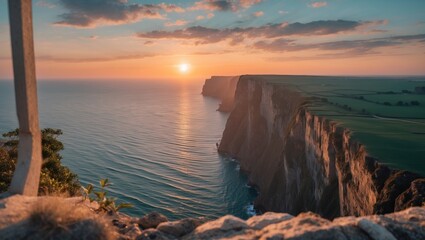 Aufkleber - Serene Sunrise Over Cliffside Coastline with Dramatic Ocean View and Illuminated Sky in Early Morning Light