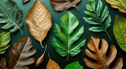 Poster - Diverse arrangement of vibrant green and brown leaves on a dark background showcasing natural textures and patterns for design inspiration.