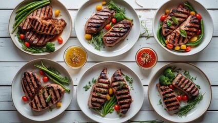 Aufkleber - Grilled Meats and Vegetables Arranged on White Plates with Colorful Garnishes and Sauces on Wooden Table Top View for Culinary Design