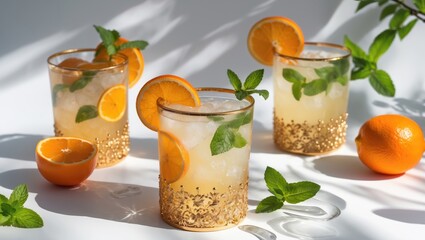 Poster - Stylish lemonade in golden glasses garnished with oranges and mint on a bright background, perfect for refreshing summer vibes.