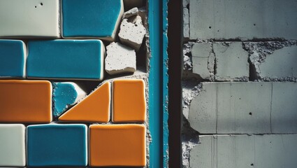 Fototapete - Colorful ceramic tiles meet a textured concrete wall showcasing an artistic intersection for unique background or texture use