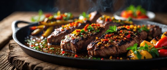 Aufkleber - Sizzling Grilled Meat Garnished with Colorful Spices and Fresh Herbs on a Rustic Wooden Table