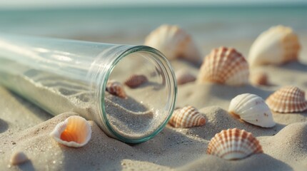 Poster - Glass tube filled with sand scattered among seashells on a beach at sunset creating a tranquil coastal atmosphere.