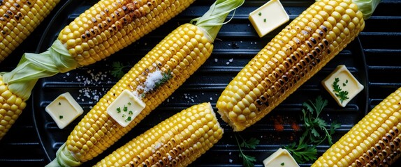Poster - Grilled Corn On The Cob With Butter And Spices Top View Fresh Ingredients On Grill Plate With Space For Text