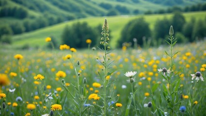 Poster - Vibrant Meadow Landscape Featuring Colorful Wildflowers and Lush Green Hills Underneath a Clear Blue Sky