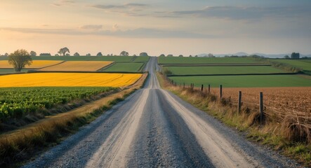 Aufkleber - Tranquil Gravel Road Through Vibrant Agricultural Fields Under a Golden Sunset Sky