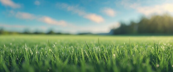 Poster - Vibrant Green Grass Field Under Bright Blue Sky Nature Scene with Blurred Background and Space for Text Overlay in Summer Setting