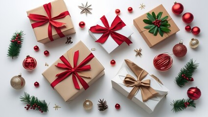 Aufkleber - Elegant holiday gift boxes with decorative bows and festive ornaments on a bright background perfect for Christmas packaging concepts.