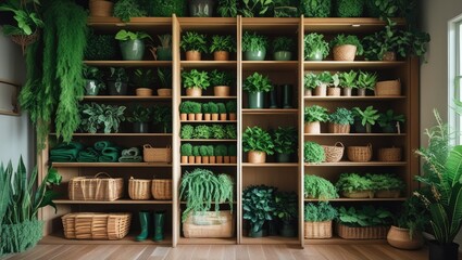 Wall Mural - Indoor plant display showcasing a variety of greenery in wooden shelving with woven baskets and vibrant green decor elements.