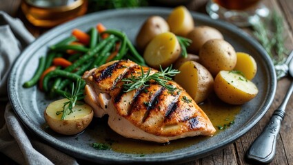 Poster - Grilled Chicken Breast Served with Potatoes and Fresh Vegetables on a Rustic Plate with Empty Space for Text or Branding