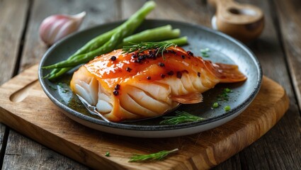 Poster - Glazed Pollack Fillet Served with Fresh Asparagus on a Rustic Wooden Cutting Board