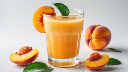Aufkleber - Fresh Peach Juice in a Glass Surrounded by Ripe Peaches and Leaves on a White Background Healthy Beverage Concept
