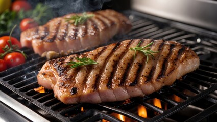 Poster - Grilled Pork Chops with Rosemary on Stove with Smoke and Flames in a Modern Kitchen Setting