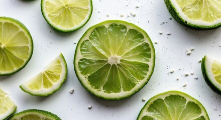Poster - Fresh green lime slices arranged on a white background showcasing vibrant food texture with ample copy space for creative use.