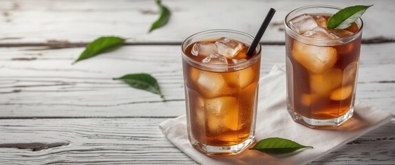 Poster - Refreshing Iced Tea in Glasses with Ice Cubes and Green Leaves on Rustic Wooden Background