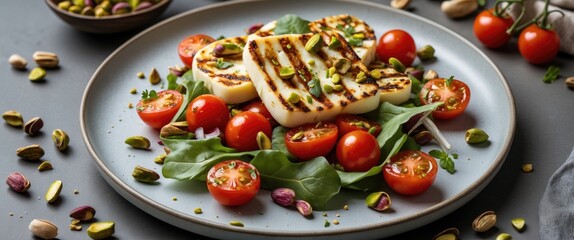 Aufkleber - Grilled Halloumi Cheese Salad with Cherry Tomatoes Pistachios and Greens on Plate Vibrant Fresh Ingredients Healthy Meal Presentation