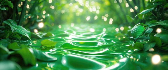 Aufkleber - Lush green foliage with shimmering water surface creating a serene nature backdrop enhanced by soft white bokeh highlights.