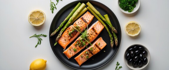 Poster - Grilled Salmon Slices with Asparagus Lemon and Olives on Black Plate Fresh Ingredients on White Background with Space for Text
