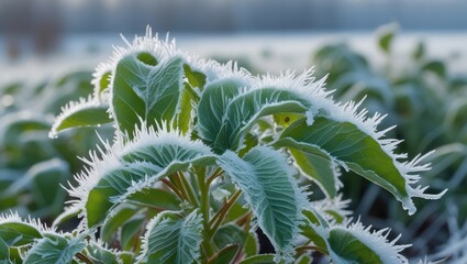 Poster - Frosted green leaves glistening in winter sunlight showcasing delicate hoarfrost on a cold morning in a serene outdoor landscape.