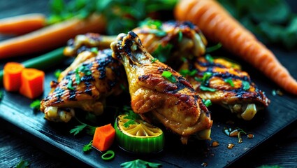 Poster - Grilled Chicken Wings Served with Fresh Vegetables and Carrots on a Black Platter for a Delicious Meal Presentation