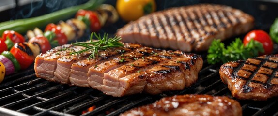 Poster - Grilled Pork with Fresh Vegetables on Barbecue Grill Deliciously Cooked Meat Perfect for Summer Outdoor Dining