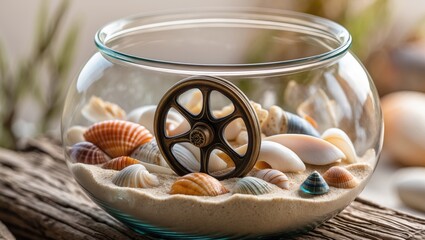 Poster - Decorative Glass Container with Sand and Colorful Seashells Highlighting a Vintage Wheel for Coastal Aesthetic Vibes